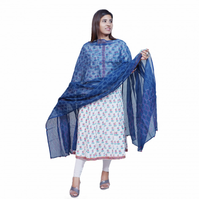 Tribes India Blue Block Printed Kota Doria Dupatta