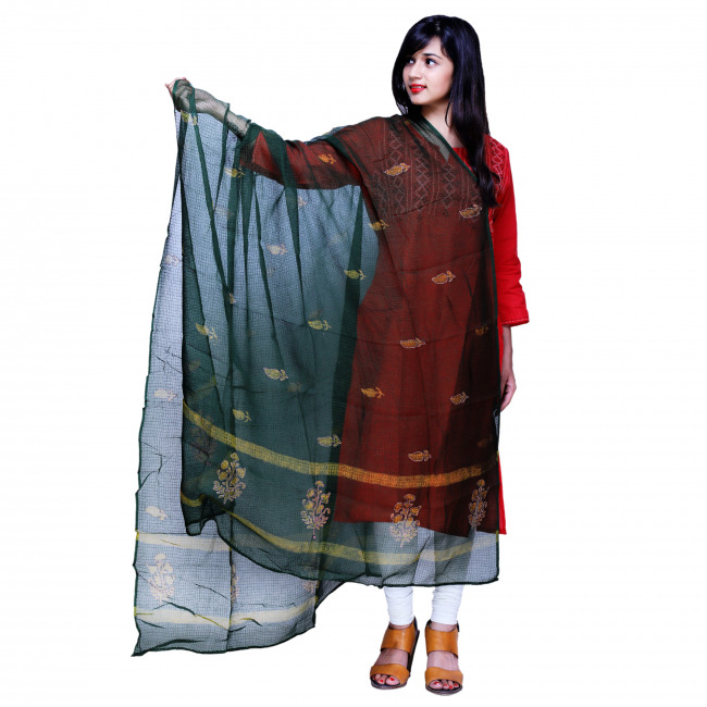 Tribes India Pink Green Block Printed Kota Doria Dupatta With Kantha Work