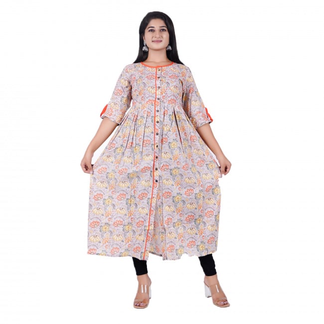 Tribes India Orange Floral Printed Cotton Flared Kurti