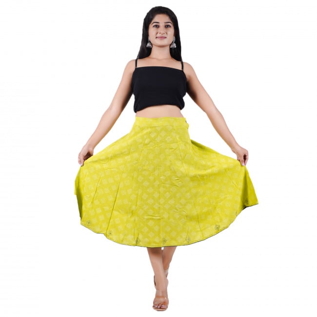 Tribes India Green Dot Printed Cotton Midi Skirt