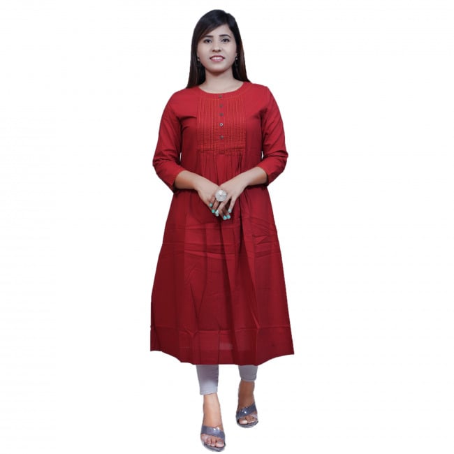 Tribes India Pink Red Hand Embroidered Cotton Pintuck Kurti