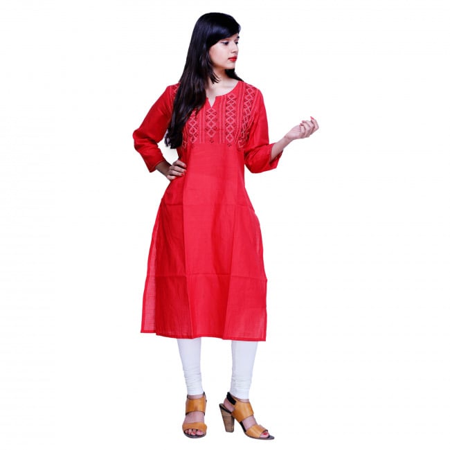 Tribes India Red Hand Embroidery Mangalgiri Cotton Kurta