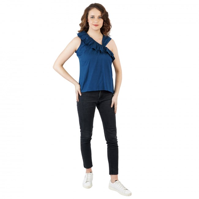 Tribes India Blue Cotton One Shoulder Top
