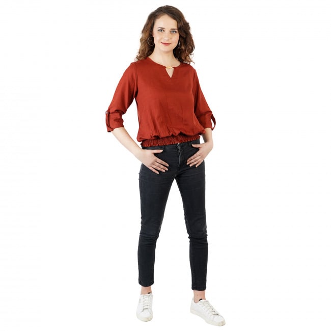 Tribes India Cotton Red Cinched Waist Top
