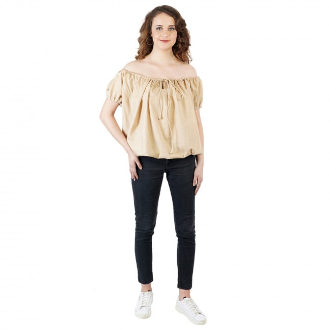 Tribes India Brown Cotton Off-Shoulder Top