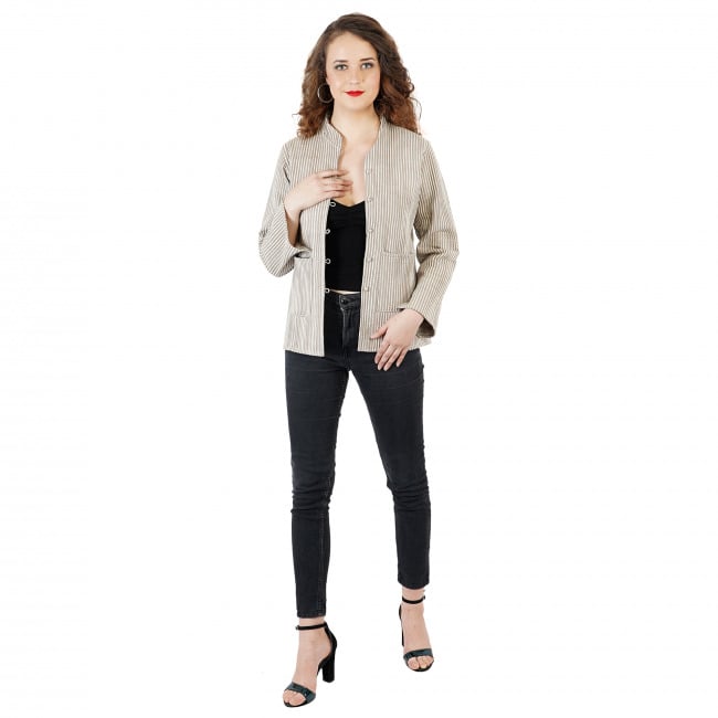 Tribes India Grey Striped Hand-Quilted Jacket - M