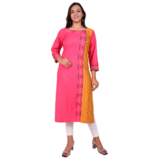 Pink-Green Silk Angrakha Kurti With Patchwork