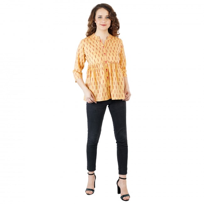 Tribes India Peach Beaded Cotton Short Kurti Tunic Top