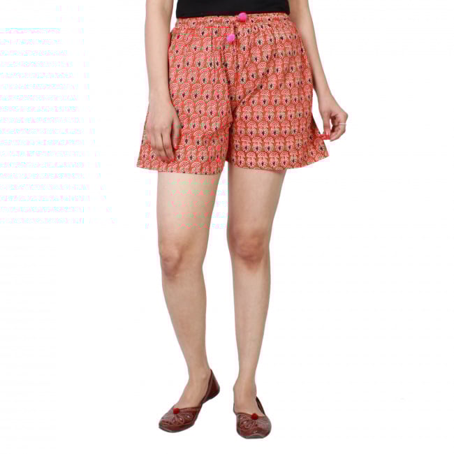 Tribes India Hand-Woven Orange Printed Cotton Shorts