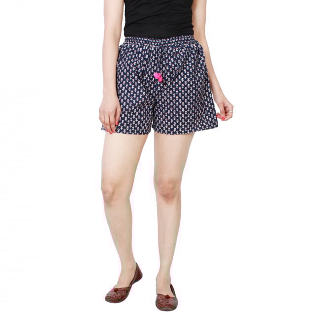 Tribes India Hand-Woven Blue Printed Cotton Shorts