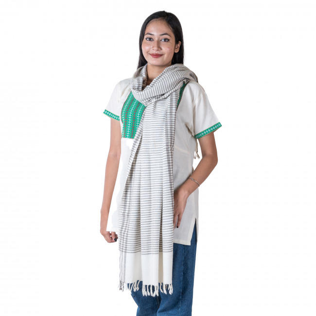 Hand Woven White Angoora silk Stole Dupatta for Women