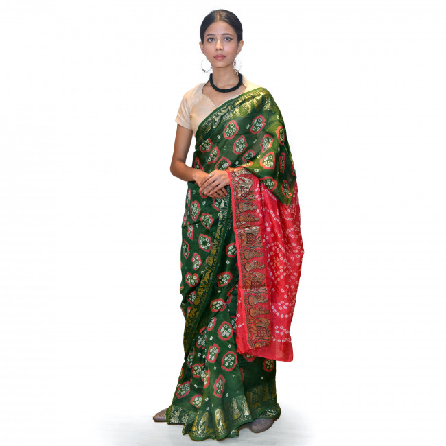 Handwoven Green and Red Bandej Flowring Saree