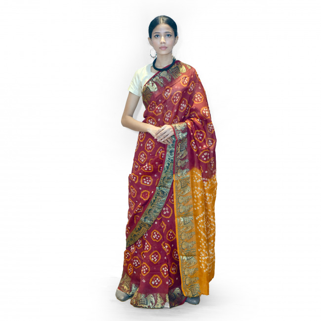 Handwoven Maroon and Orange Bandej Flowring Saree