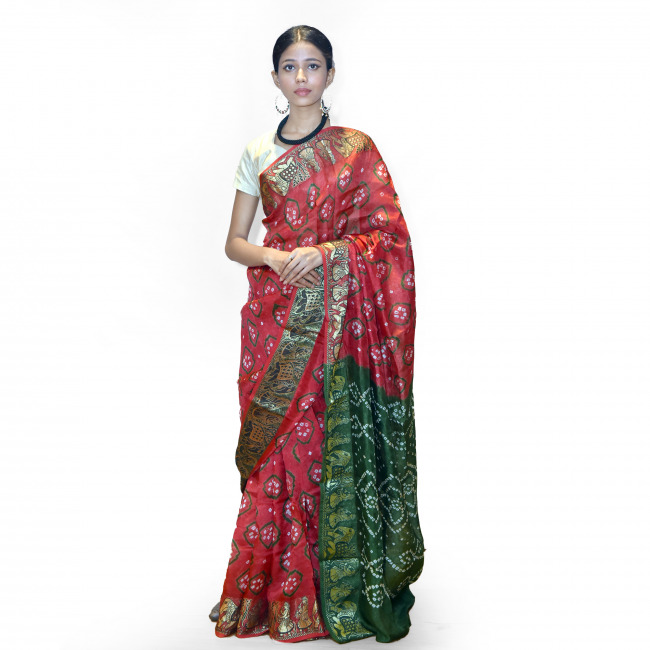 Handwoven Red and Green Bandej Flowring Saree