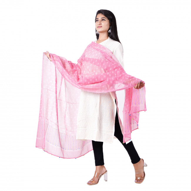 Tribes India Pink White Polka Dot Kota Doria Dupatta With Kantha Work