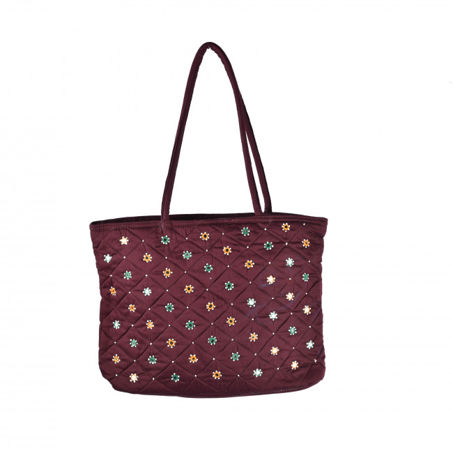 Tribes India Mirror Beads Bag 15X11 Maroon Color
