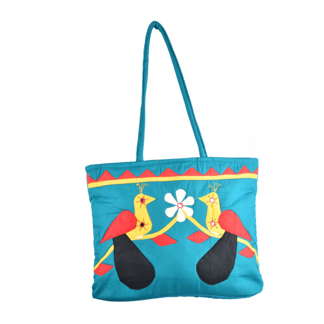 Tribes India Banjara Peacock Design Handle Bag Turquoise Color