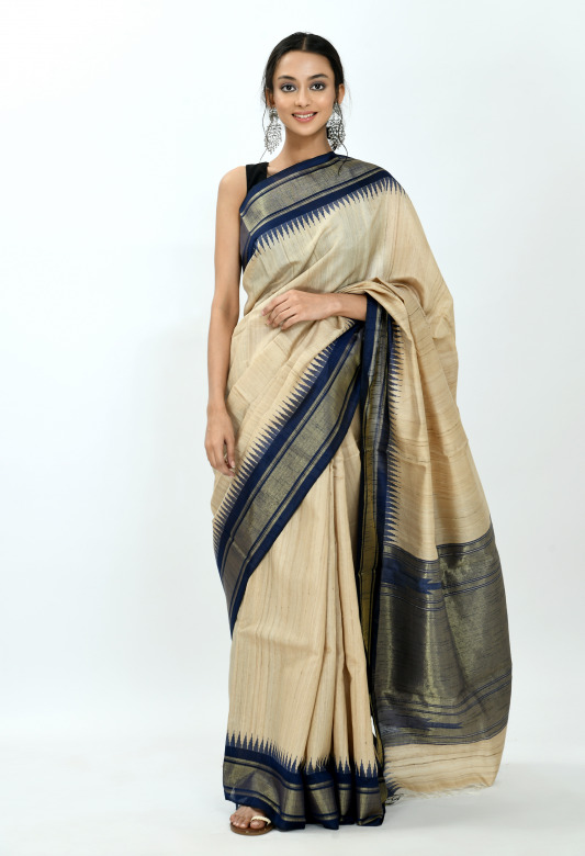 Tribes India Silk Temple Zari Border Saree