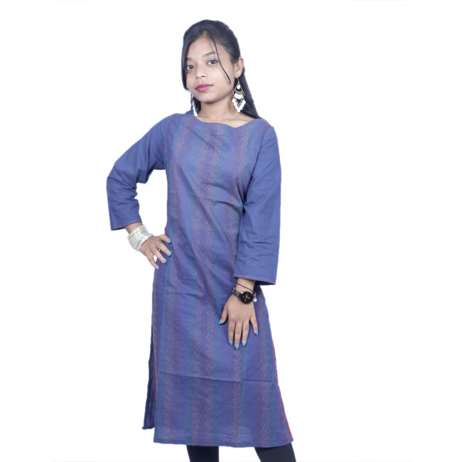 Hand Embroidered Ladies Blue Cotton Kurta