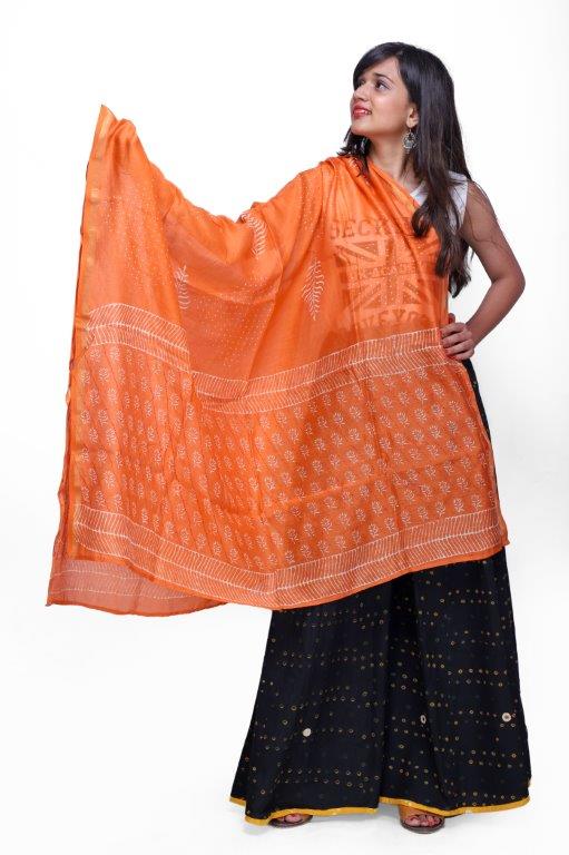 Tribes India Handblock Orange Printed Kota Doria Dupatta