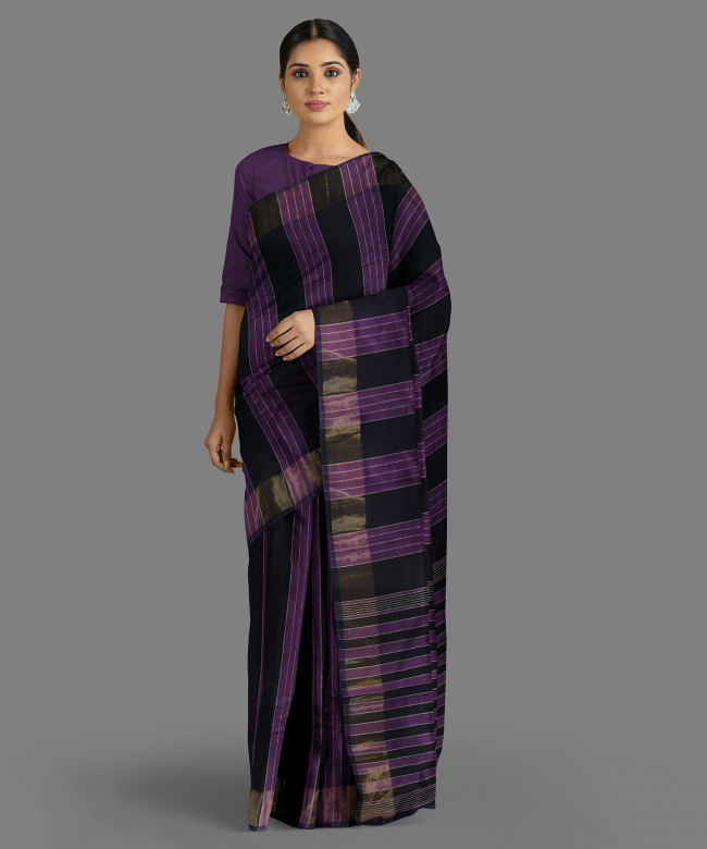 Tribes India Jerry Cotton Saree with Blouse Purple and Black Color