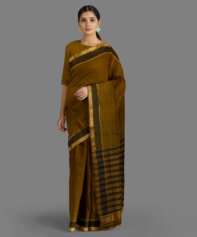 Tribes India Mangala Cotton Saree with Blouse Mehendi Color