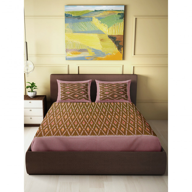 Tribes India Pochampally Ikkat Double BedSheet with Pillow Covers Mehndi with Light Pink Color