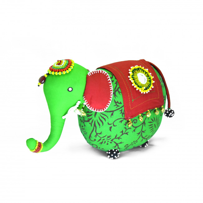 Handcrafted Elephant Soft Toy With Bead Work Green (25x18 cm)