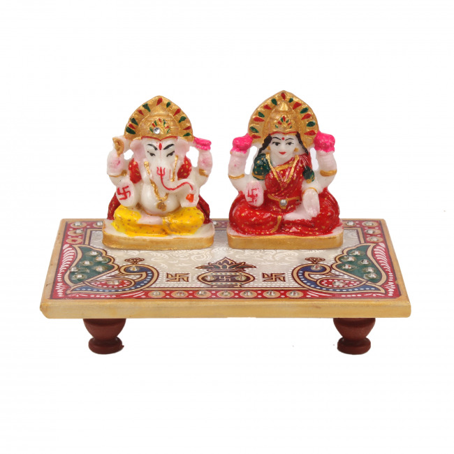 Tribes India Handcrafted Marble Meenakari Lakshmi Ganesh Choki – Divine Decor