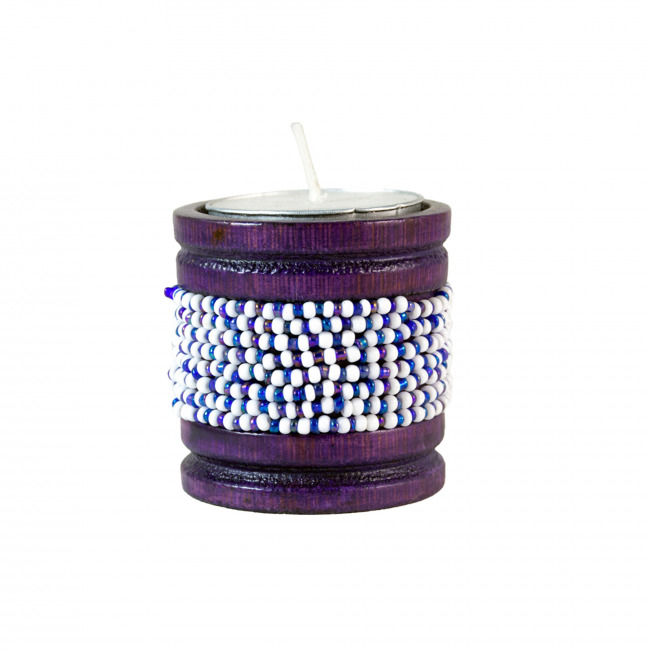 Handmade Natural Bamboo Tealight Candle Holder Purple With Bead Work White & Purple Color (PVTG)