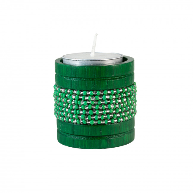 Handmade Natural Bamboo Tealight Candle Holder Green With Bead Work Green & Silver Color (PVTG)