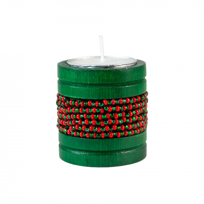 Handmade Natural Bamboo Tealight Candle Holder Green With Bead Work Green & Red Color (PVTG)