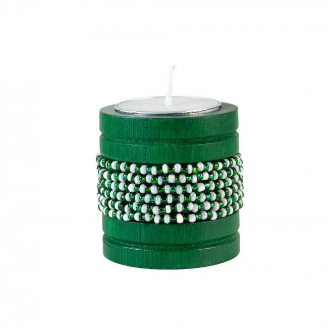 Handmade Natural Bamboo Tealight Candle Holder Green With Bead Work Green & White Color (PVTG)