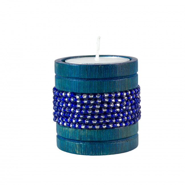 Handmade Natural Bamboo Tealight Candle Holder Blue With Bead Work Blue & Silvar Color (PVTG)