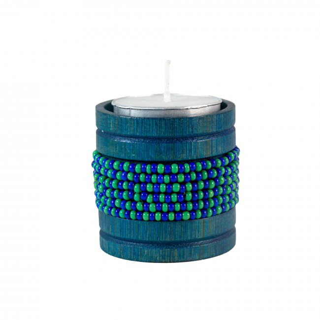Handmade Natural Bamboo Tealight Candle Holder Blue With Bead Work Blue Color (PVTG)