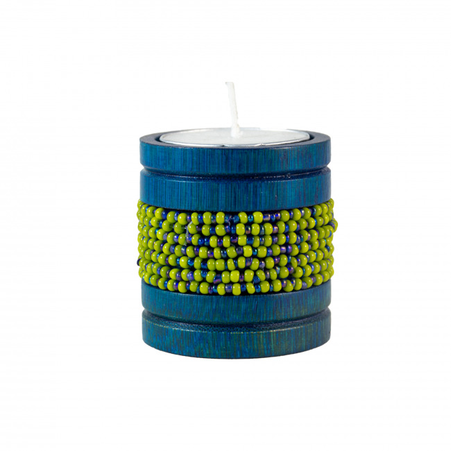 Handmade Natural Bamboo Tealight Candle Holder Blue With Bead Work Green & Purple Color (PVTG)