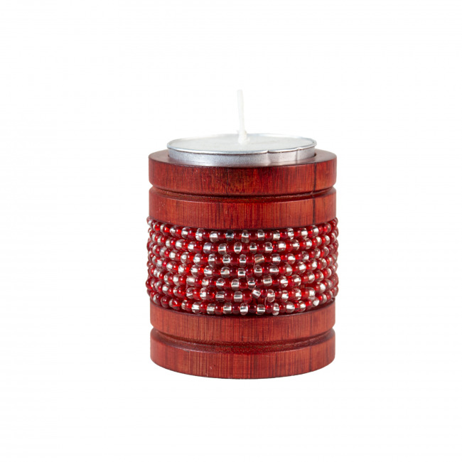 Handmade Natural Bamboo Tealight Candle Holder Red With Bead Work (PVTG)