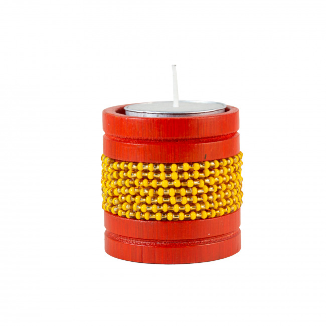 Handmade Natural Bamboo Tealight Candle Holder Orange With Bead Work Yellow Color (PVTG)