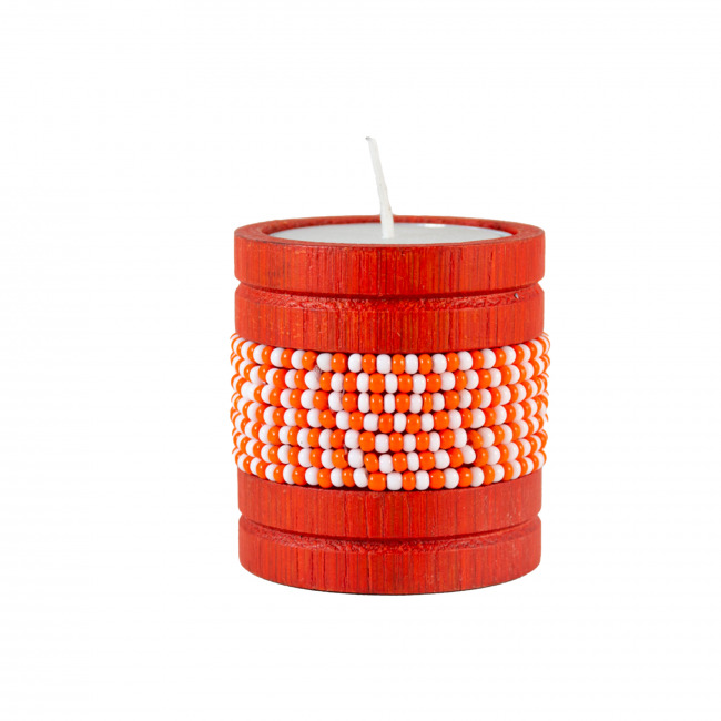 Handmade Natural Bamboo Tealight Candle Holder Orange With Bead Work Orange & White Color (PVTG)
