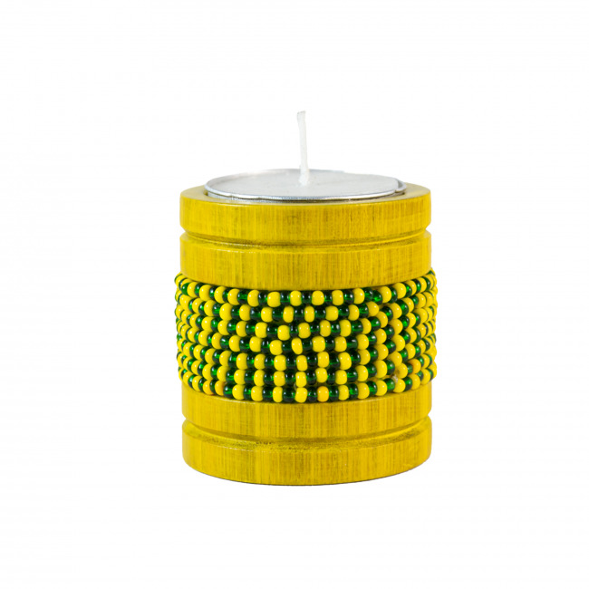 Handmade Natural Bamboo Tealight Candle Holder Yellow With Bead Work Yellow & Green Color (PVTG)