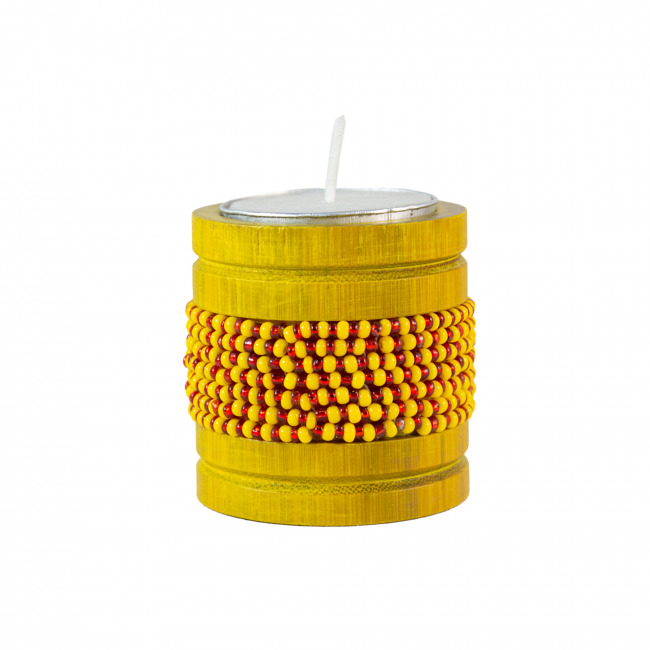 Handmade Natural Bamboo Tealight Candle Holder Yellow With Bead Work Yellow & Red Color (PVTG)
