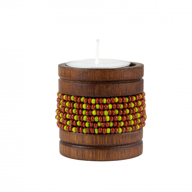 Handmade Natural Bamboo Tealight Candle Holder Brown With Bead Work Brown & Green Color (PVTG)