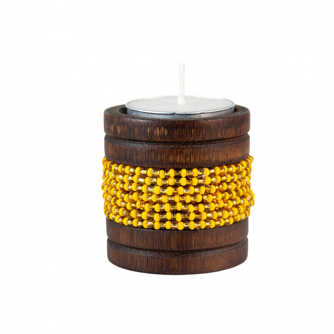 Handmade Natural Bamboo Tealight Candle Holder Brown With Bead Work Yellow & Gold Color (PVTG)