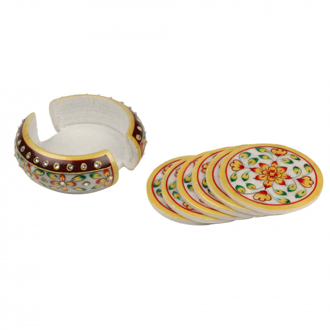 Handmade Marble Meenakari Tea Coaster D-1 (5 Inches)