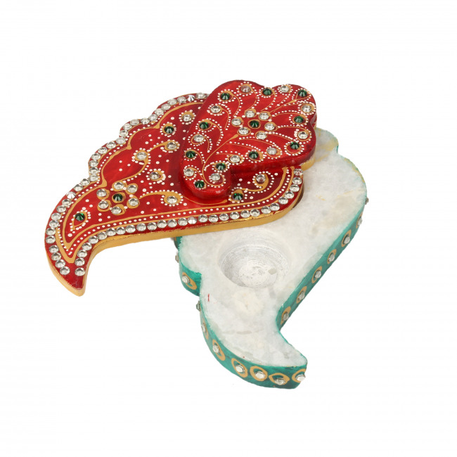 Handmade Marble Meenakari Leaf Sindoor Dani (4 Inches)