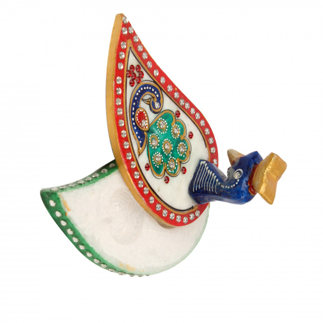 Handmade Marble Meenakari Peacock Sindoor Dani (4 Inches)