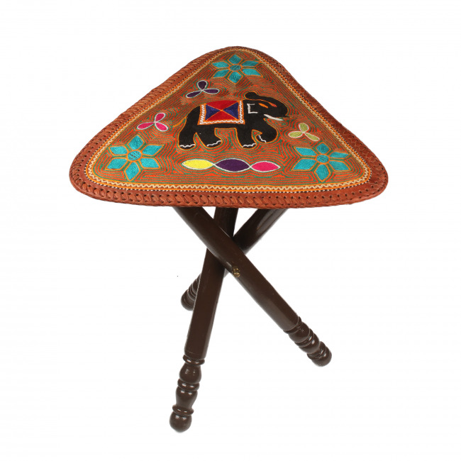 Elephant Hand-Embroidered Leather Stool
