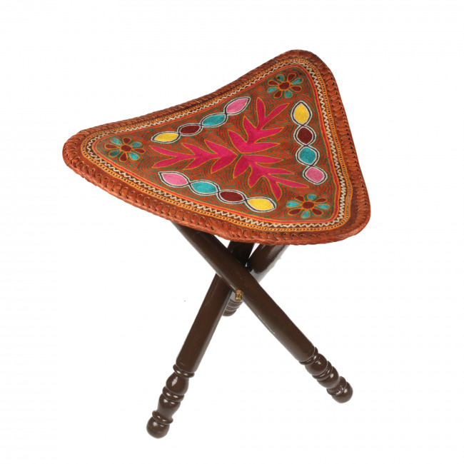 Floral Hand-Embroidered Leather Stool