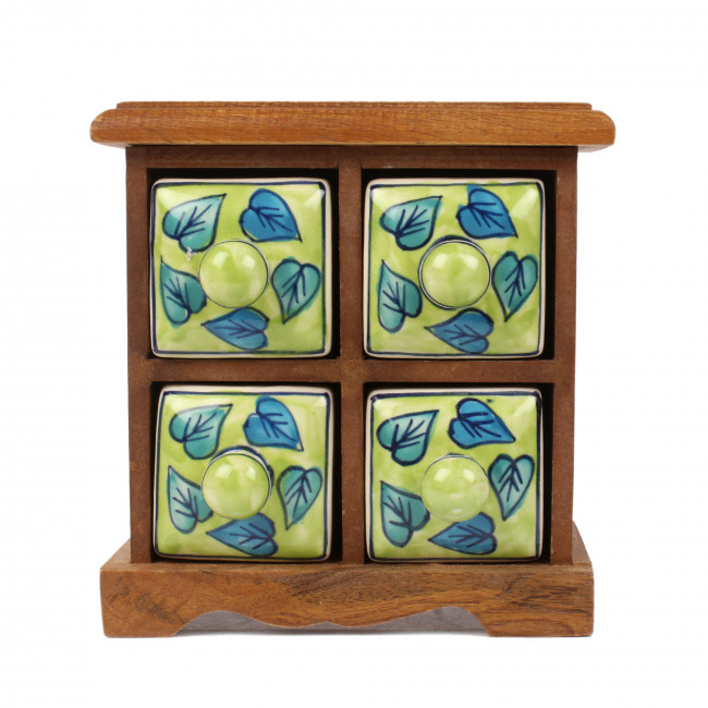 Blue Pottery Green Leaf 4 Drawer