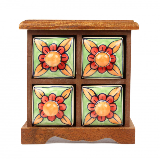 Blue Pottery Green Flower 4 Drawer